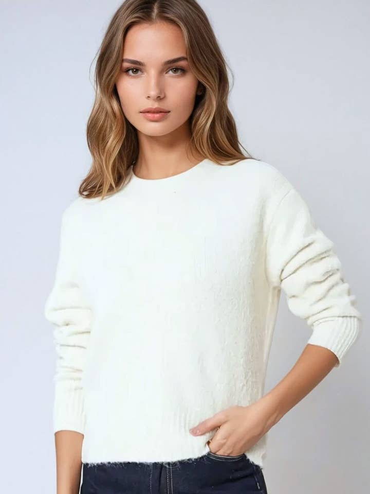 Cozy Basic Crew Neck Knitted Sweater in Cream for wholesale by Q2—All Orders:Free Duties for the US,UK,and Canada