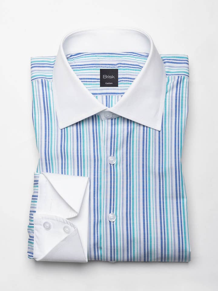 Camisa de Rayas Verde Azul Slub - Cuello Clásico Alto y Puños Dobles con Botón Angulado para venta al por mayor de BRISK