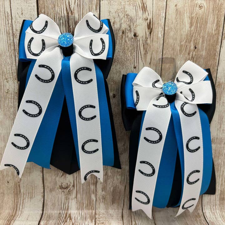 Benny Bows - Wholesale Hair Bow - Kids - Horse Show Bows - Horseshoes on White with Blue and Black