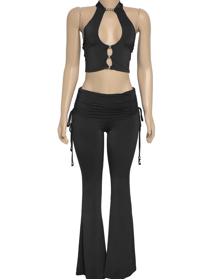 Trim detailed halter top & flare pants set for wholesale by K Too