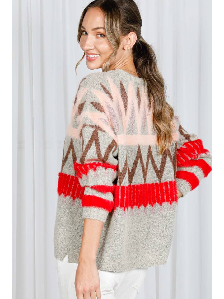 Multi Tribal Patterned Mohair Soft Feel Knitted Sweater VT30367 for wholesale on Faire