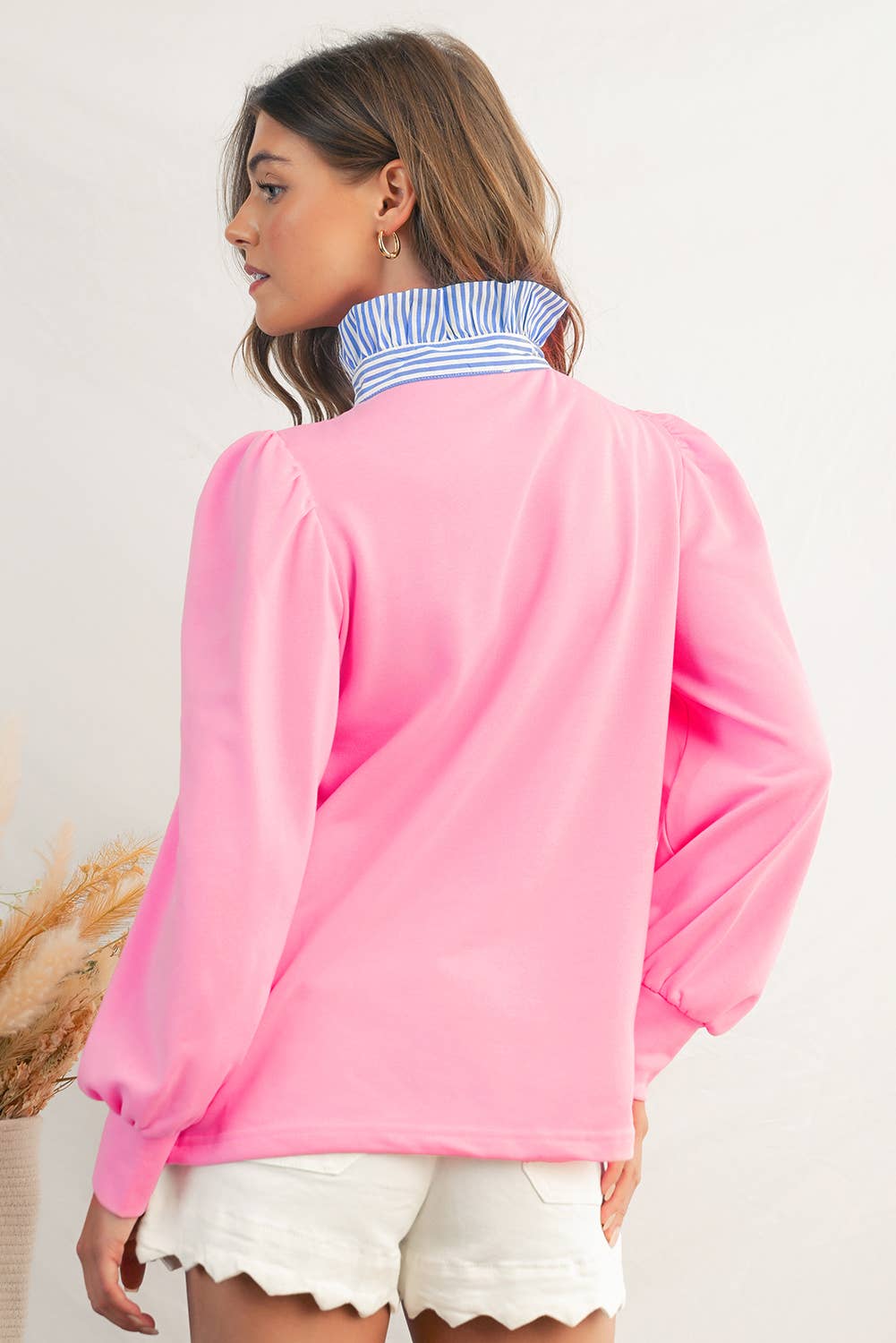 Aapparella - Wholesale Sweatshirt - Women's - Button Striped Collar Puff Sleeve Sweatshirt | S-XL 3