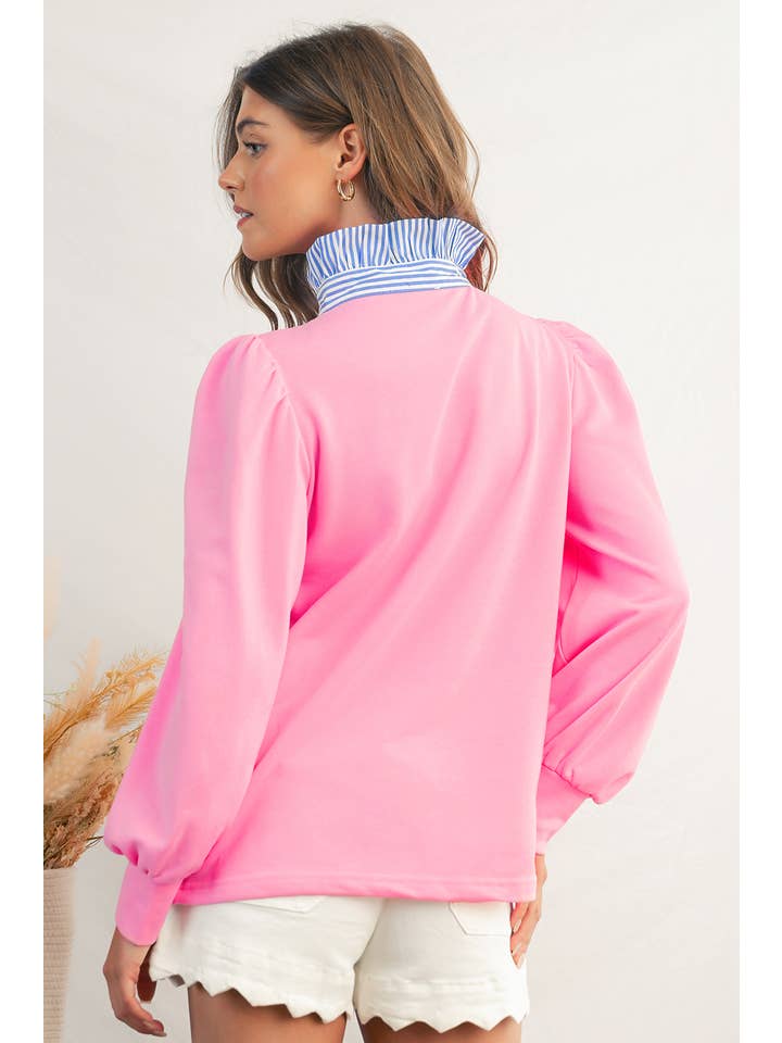 Aapparella - Wholesale Sweatshirt - Women's - Button Striped Collar Puff Sleeve Sweatshirt | S-XL 3