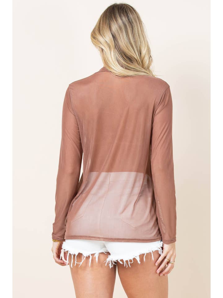 Mocha AV1230-GEMMA SOLID SEMI SHEER LONG SLEEVE MESH TOP for wholesale on Faire10