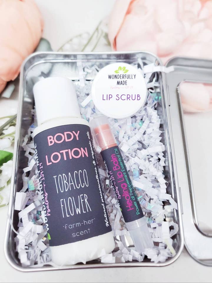 Spa Gift Basket | All Natural Organic | Tobacco Flower Floral Scent | Mini Spa and Relaxing Kit | Metal Tin Box | Lip Balm Lotion Lip Scrub for wholesale by Wonderfully Made .love