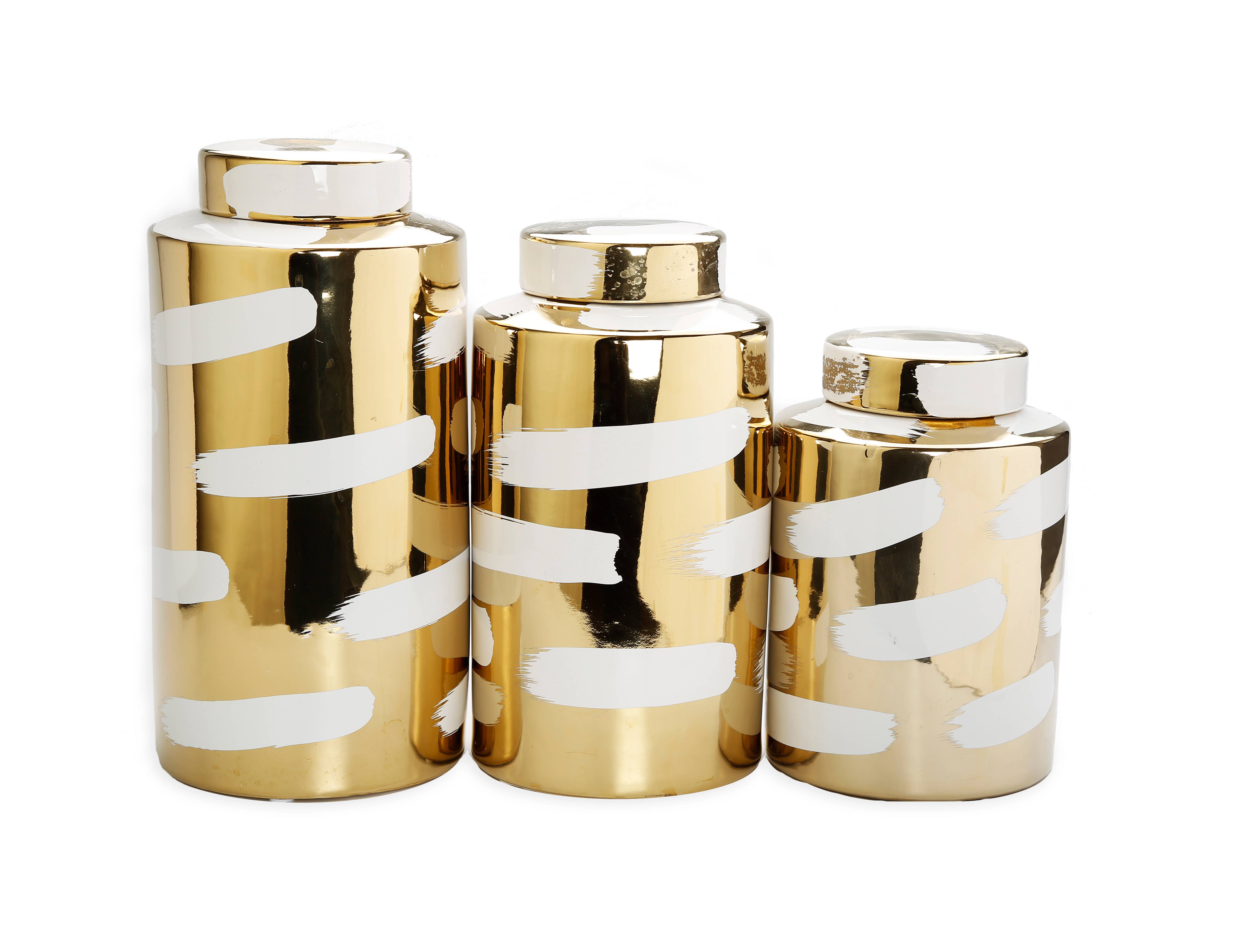 VIVIENCE - Wholesale Decorative Jar - Gold Porcelain Jar with Cover White Brush Design2
