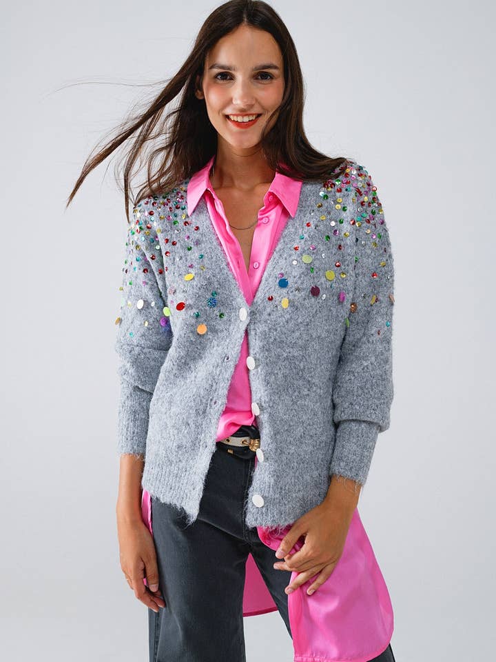 Cárdigan con cuello en V y lentejuelas bordadas multicolores en gris para venta al por mayor de Q2—All Orders:Free Duties for the US,UK,and Canada
