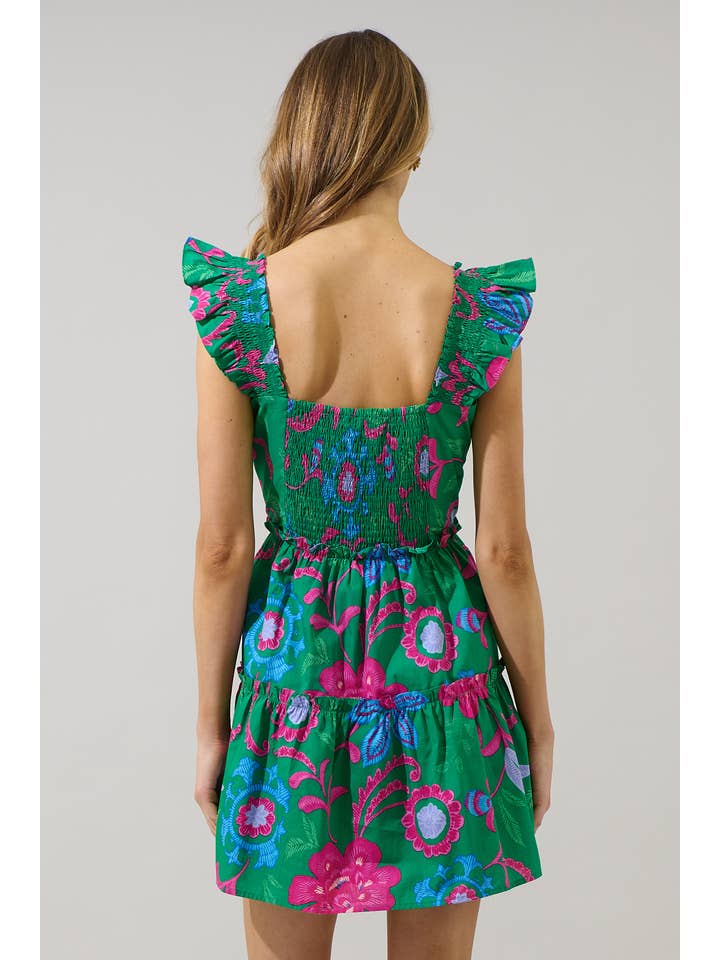 BLUE PINK MULTI Cabina Floral Ruffle Tiered Mini Dress for wholesale on Faire