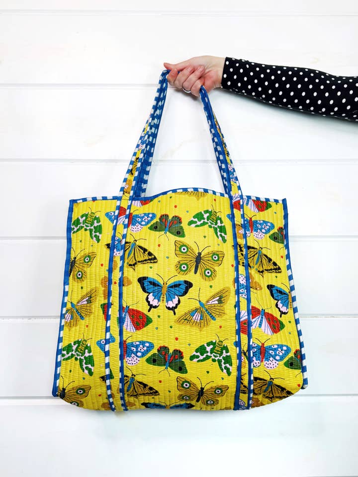 Quilted Tote Bag | Large Travel Bag | Yellow Butterfly Print for wholesale by Folklore Couture