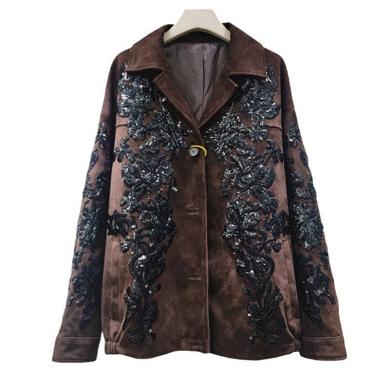 M161 Brown Sequin Embroidered Suede Moto Jacket for wholesale on Faire6