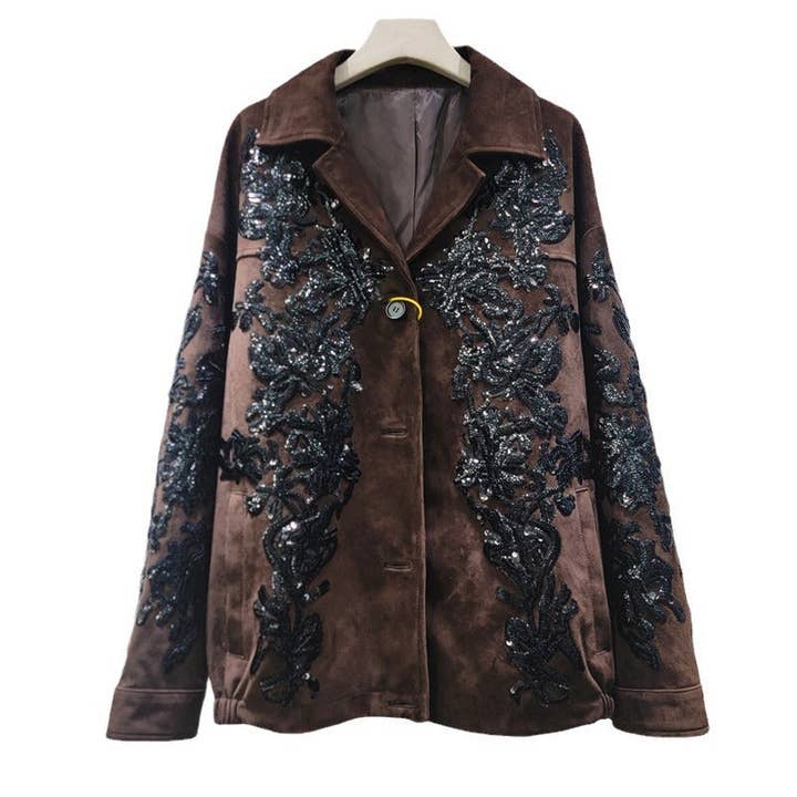 M161 Brown Sequin Embroidered Suede Moto Jacket for wholesale on Faire6
