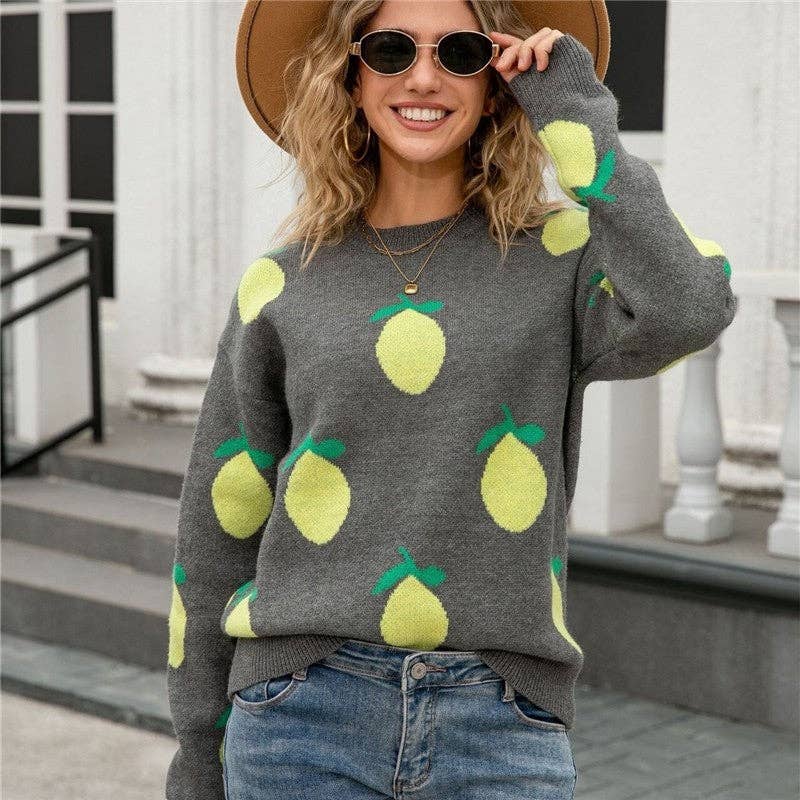 kycozy - Vendita all'ingrosso Maglione tricot - Donna - Maglione Jacquard Limone Vestibilità Ampia Girocollo0