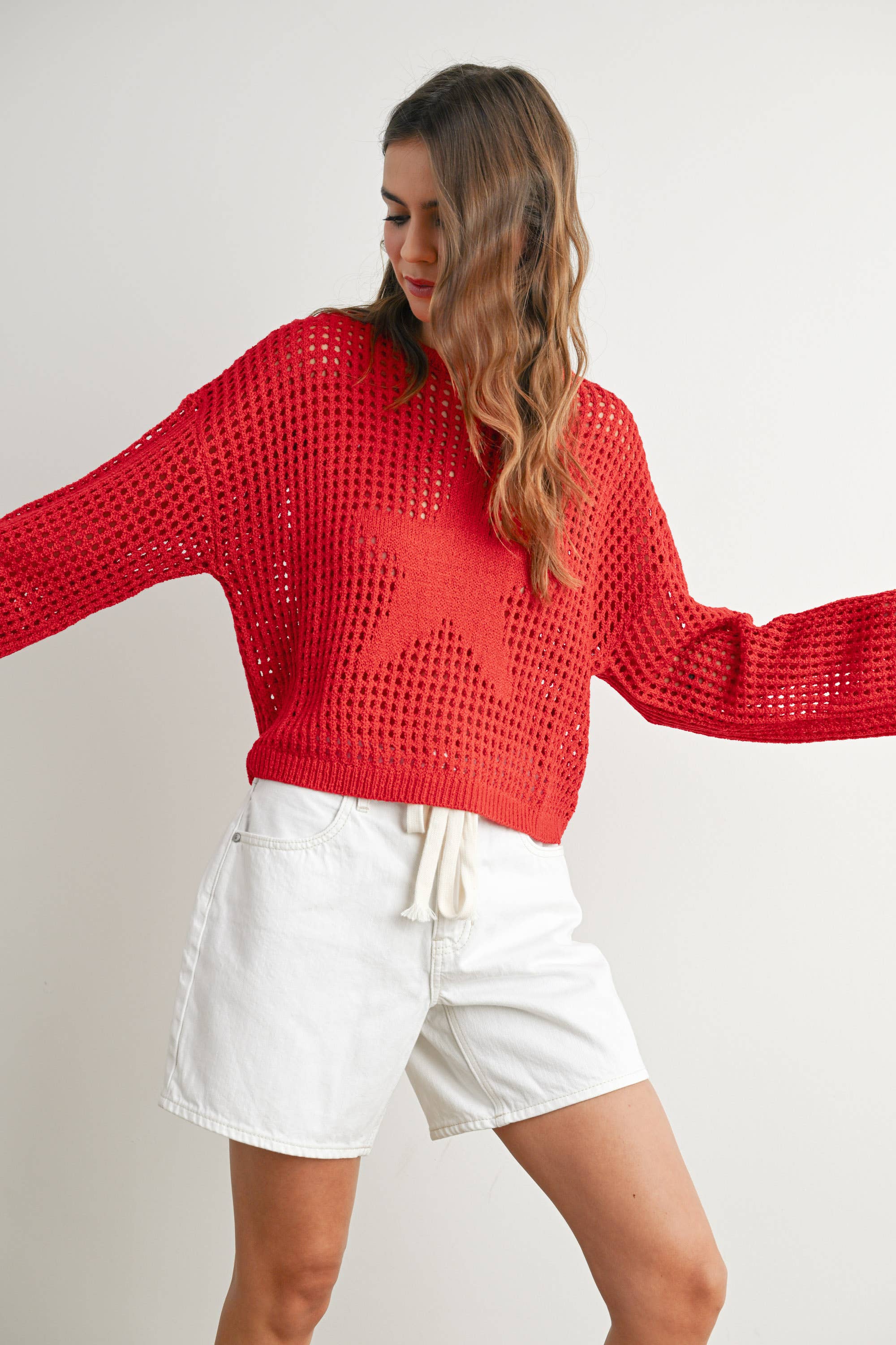 BUTTERMELON - Wholesale Knit Sweater - Women's - Crew Neck Crochet Sweater - BMW763312