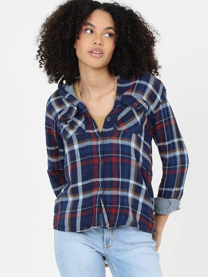 BJ825-MH68 PLAID HOODED SHACKET JACKET WITH POCKETS for wholesale by ANGIE