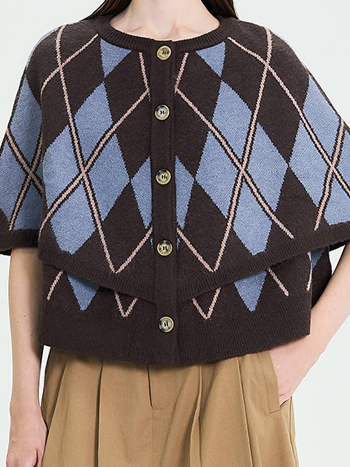 RW1103_Argyle Knit Button-Up Poncho for wholesale by DRIPSEN