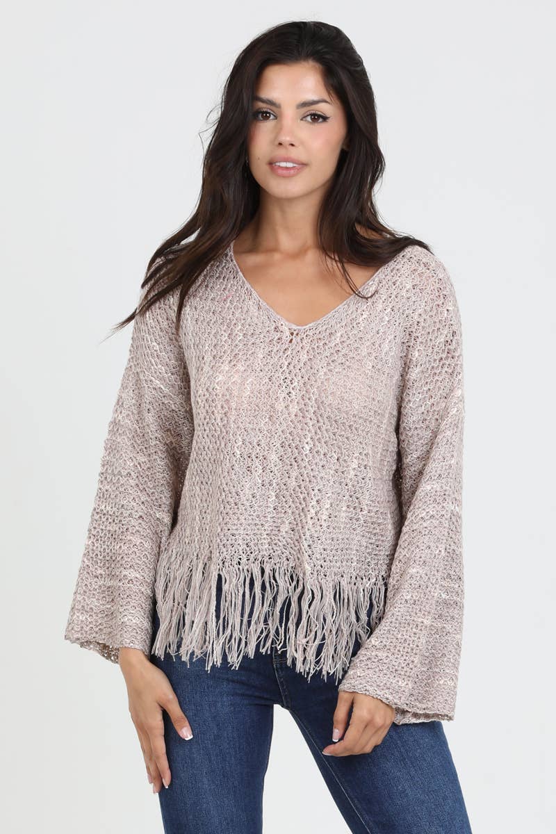ANGIE - Wholesale Knit Sweater - Women's - XHN03-ASIS V NECK FRINGE HEM PULLOVER SWEATER20