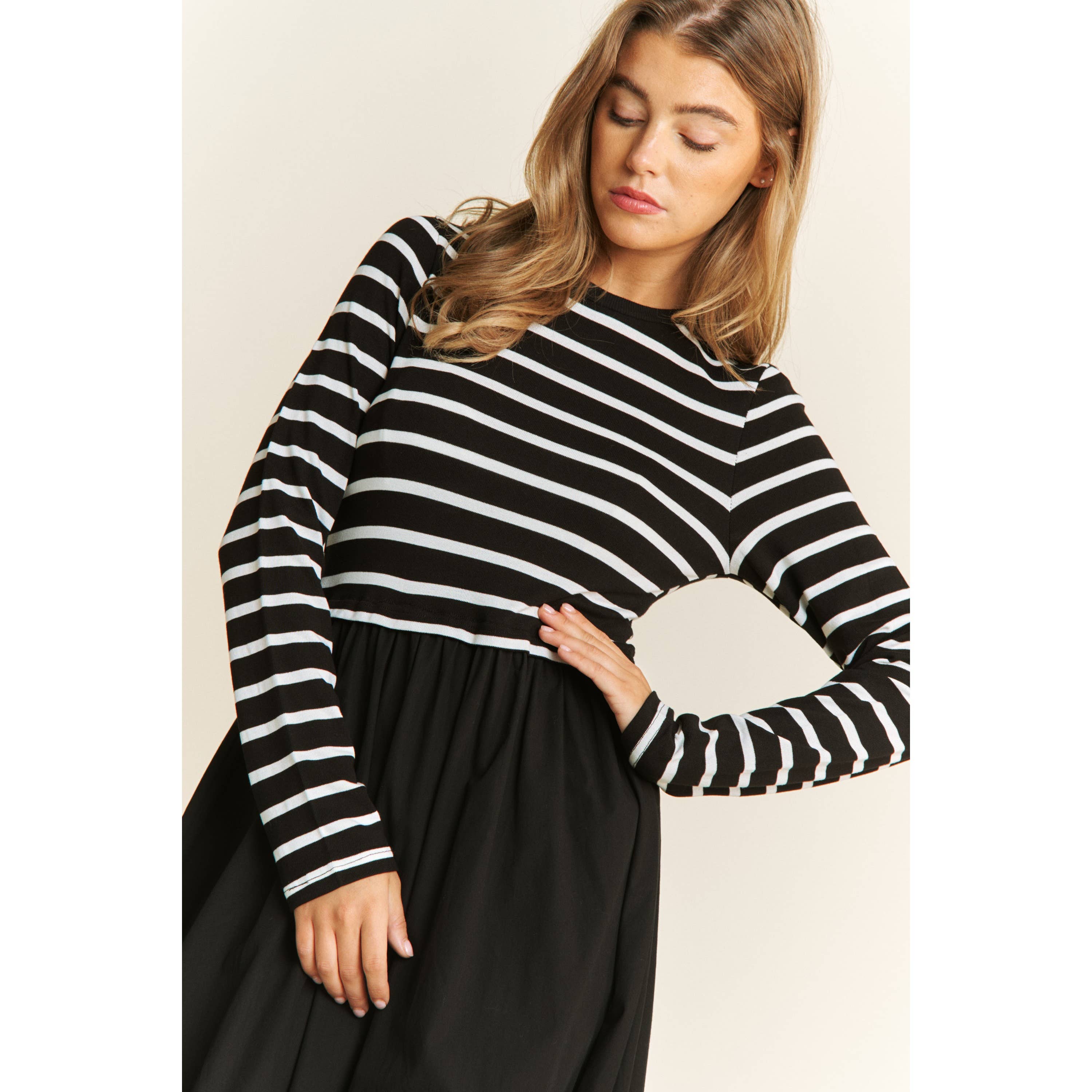 Sweet Generis - Wholesale Dress - Women's - COTTON MAXI DRESS WITH KNIT STRIPE TOP WITH LONG SLEEVES2
