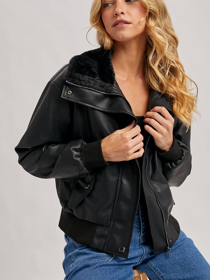 Bluivy - Wholesale Bomber Jacket - Women's - AVIATOR FAUX LEATHER AND FUR TRIMMED BOMBER JACKET9