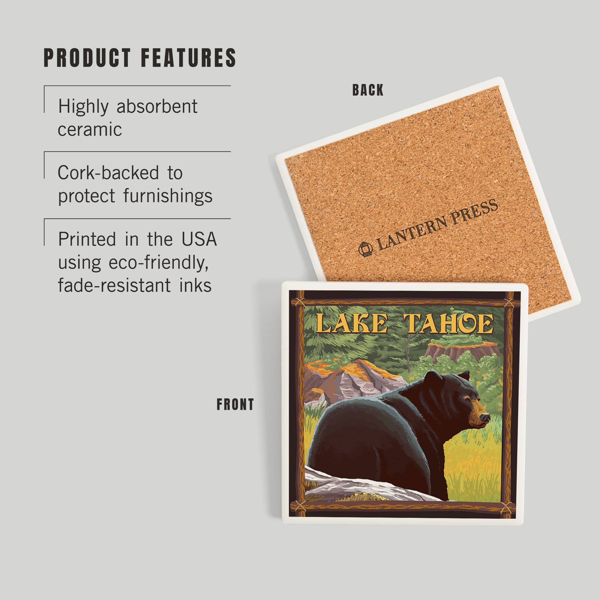 Lantern Press - Wholesale Coasters - Ceramic Coaster Lake Tahoe, California, Bear in Forest2