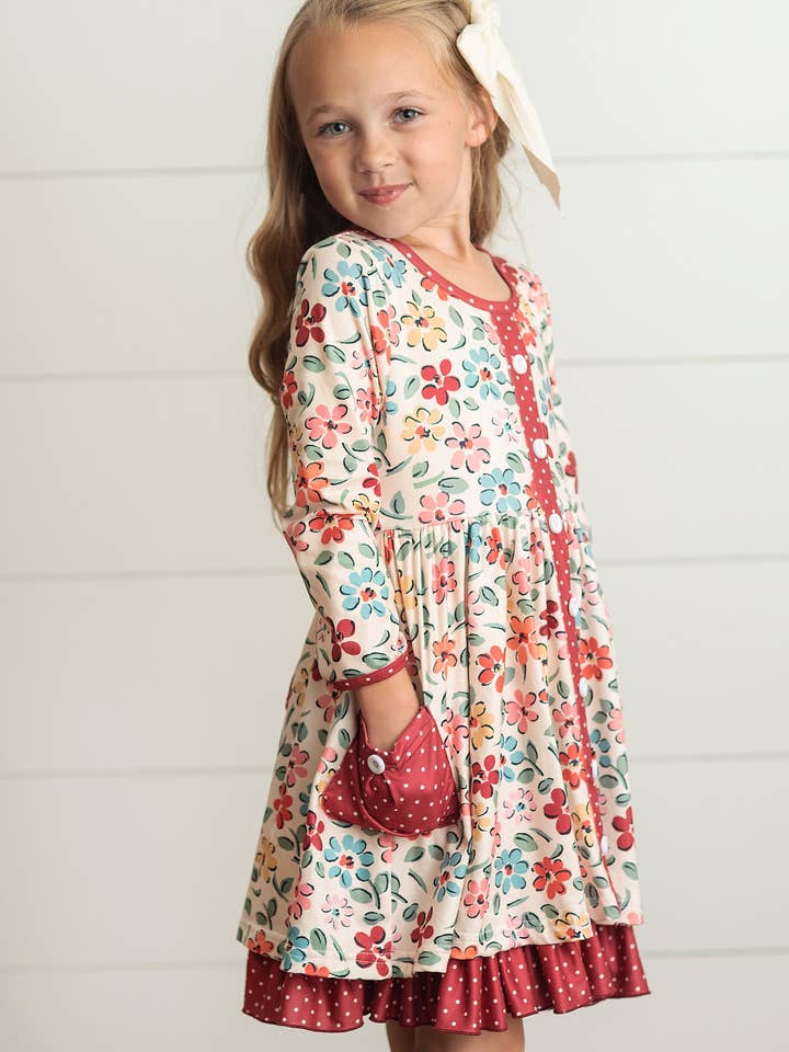 Adorable Sweetness - Wholesale Dress - Kids - Kids Cream & Burgundy Floral Ruffle Button Pocket Fall Dress