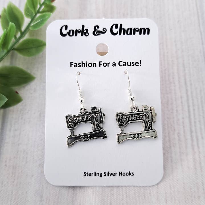 Cork and Charm - Wholesale Dangle Earrings - Silver Singer Sewing Machine Sterling Silver Earrings