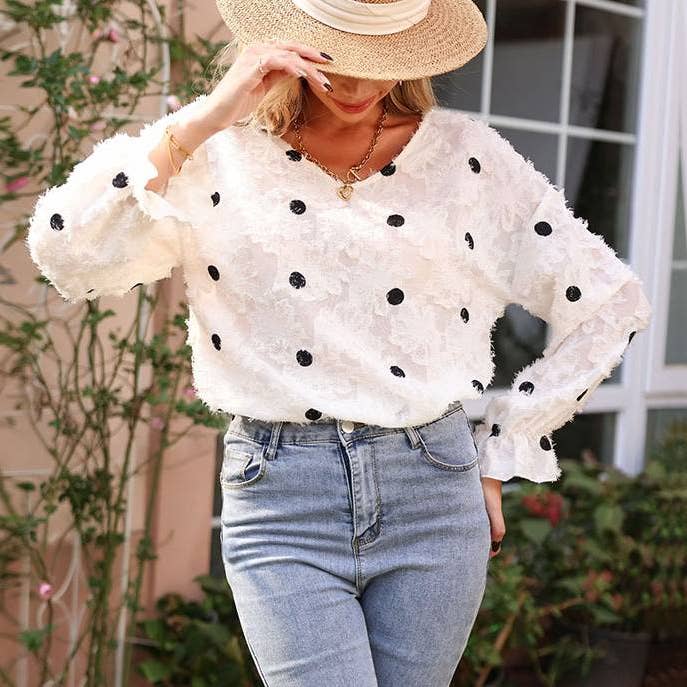 Apricot Long Sleeved V-Neck Polka-Dot Shirt for wholesale on Faire