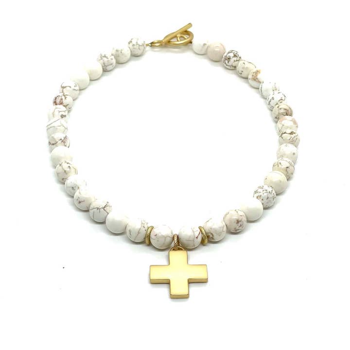 White Magnesite Matte Gold Cross Necklace for wholesale by Deborah Grivas Designs