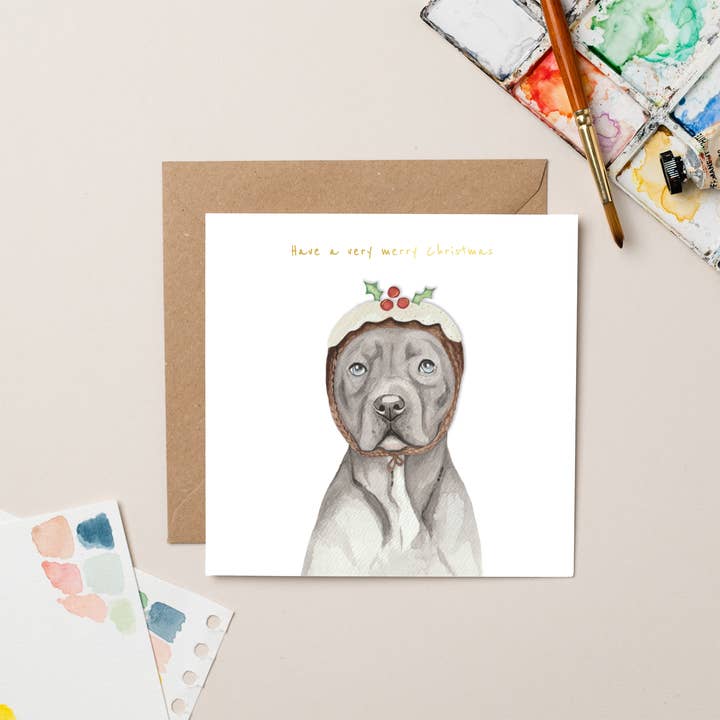 Christmas Card - Staffie in Pudding Hat - Gold Foil for wholesale by lil wabbit