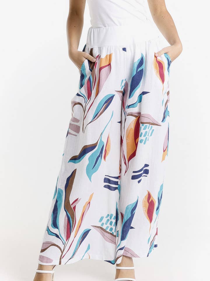 Athena Tropical Leaf Linen Blend Pant (PL713T) for wholesale by TINA Stephens Italy/Tees By Tina