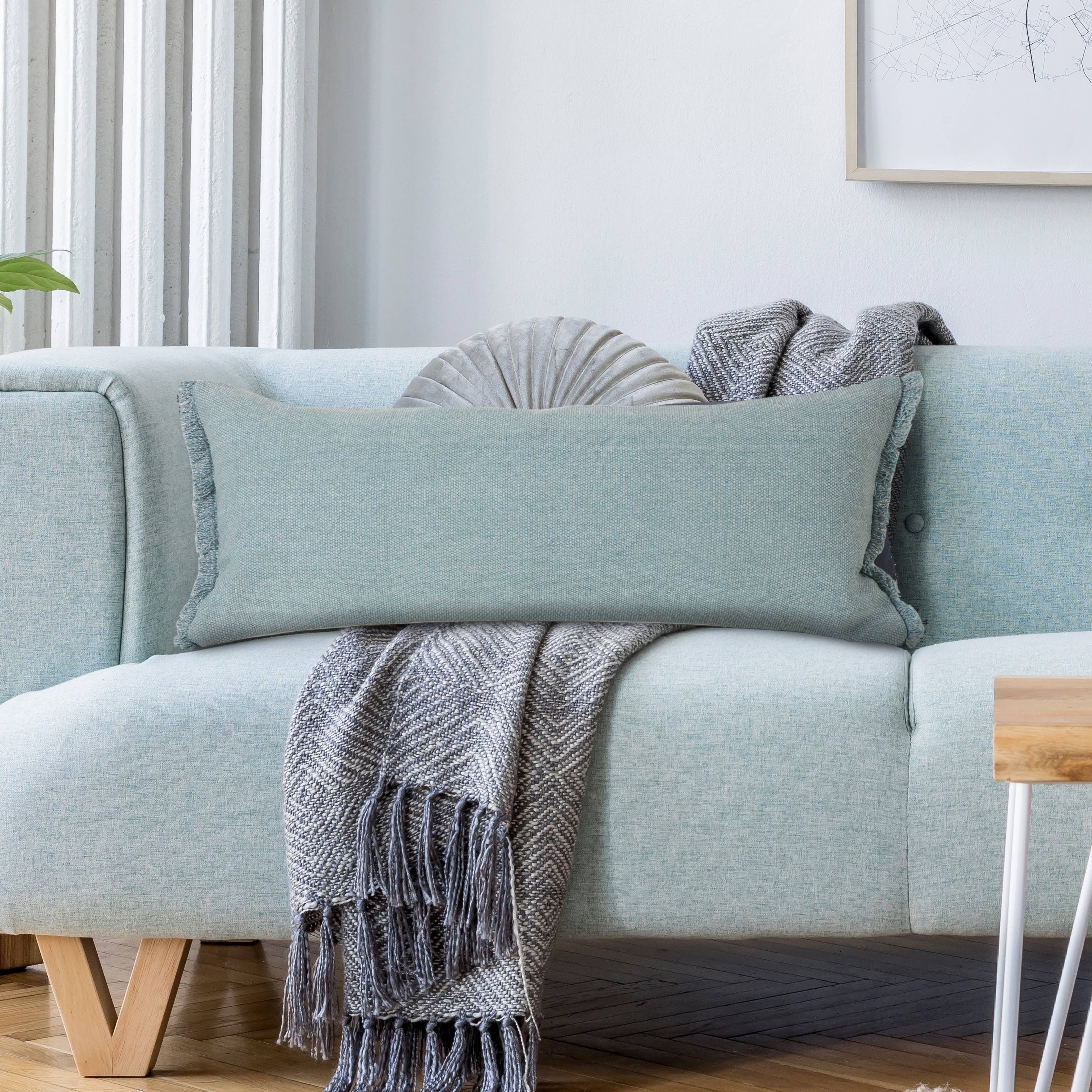 Light Blue Solid Stonewash Throw Pillow with Fringe for wholesale on Faire0