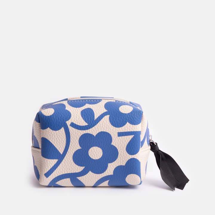 Caroline Gardner - Wholesale Makeup/Cosmetic Bag - Blue Mono Flower Mini Cube Cosmetic Bag