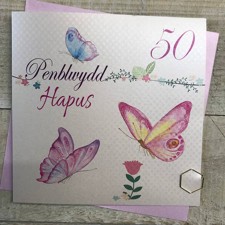 Carte d'anniversaire galloise "Joyeux Anniversaire 50 Papillons" (WLLB50) pour la vente par White Cotton Cards
