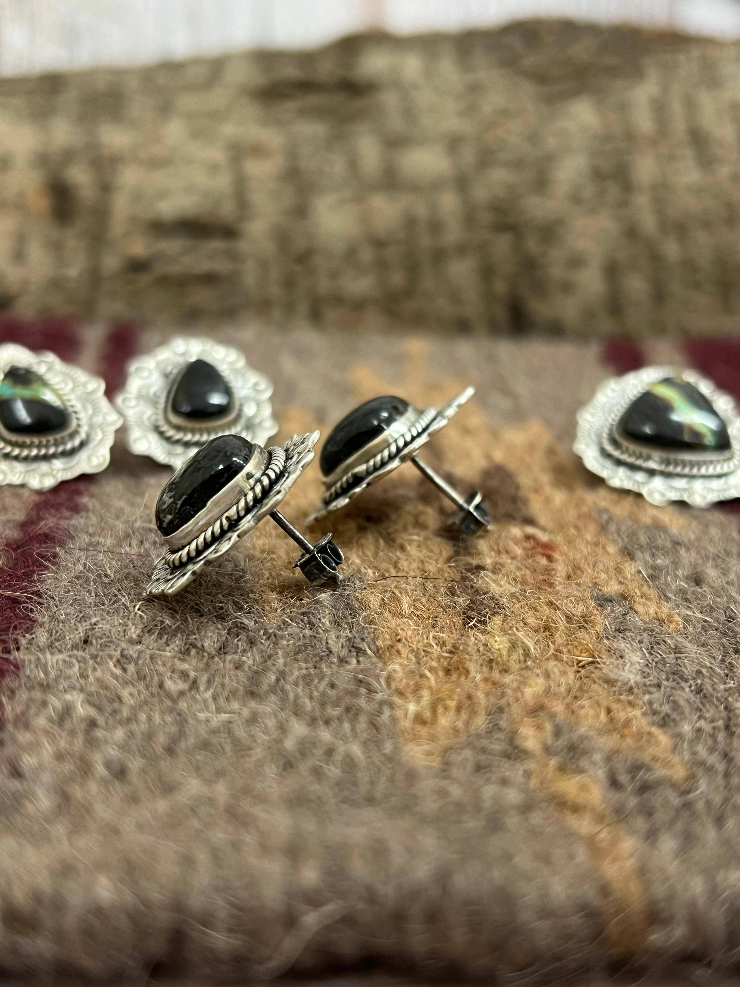 Nizhonitradersllc - Wholesale Stud/Post Earrings - Handmade Sterling Silver Black Jack Post Earrings with Signed Nizhoni2