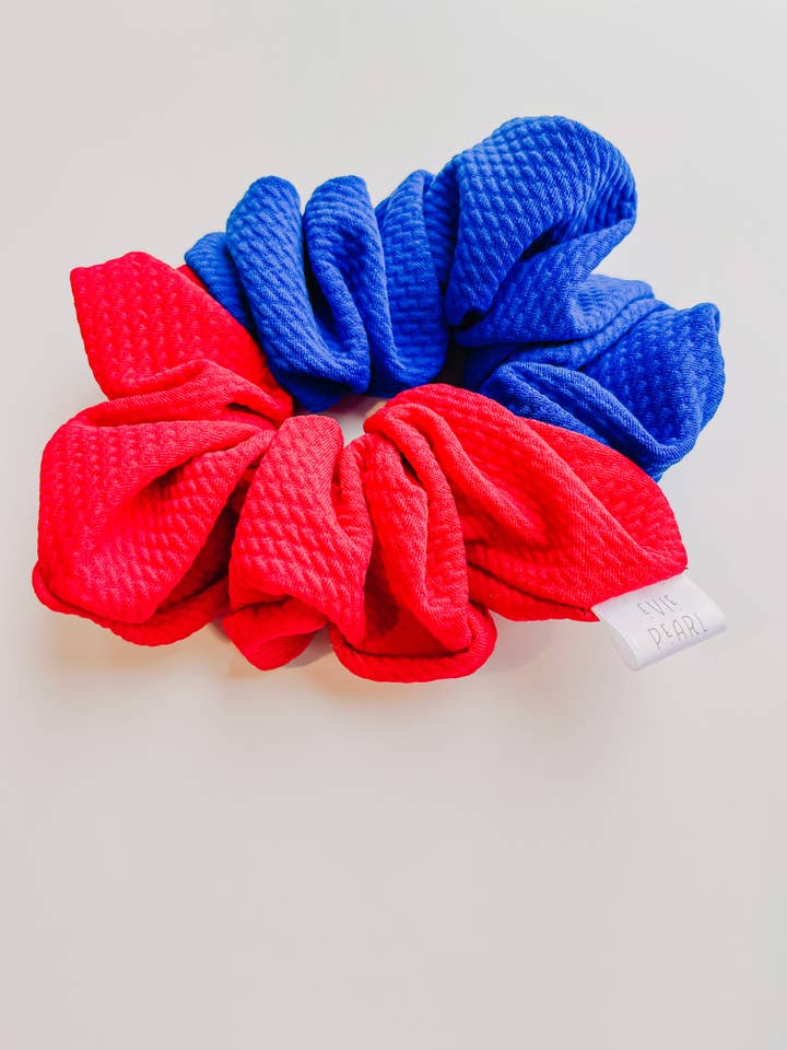Oversized Red/Royal Blue KU Jayhawk Scrunchie for wholesale by Evie Pearl Handmade LLC