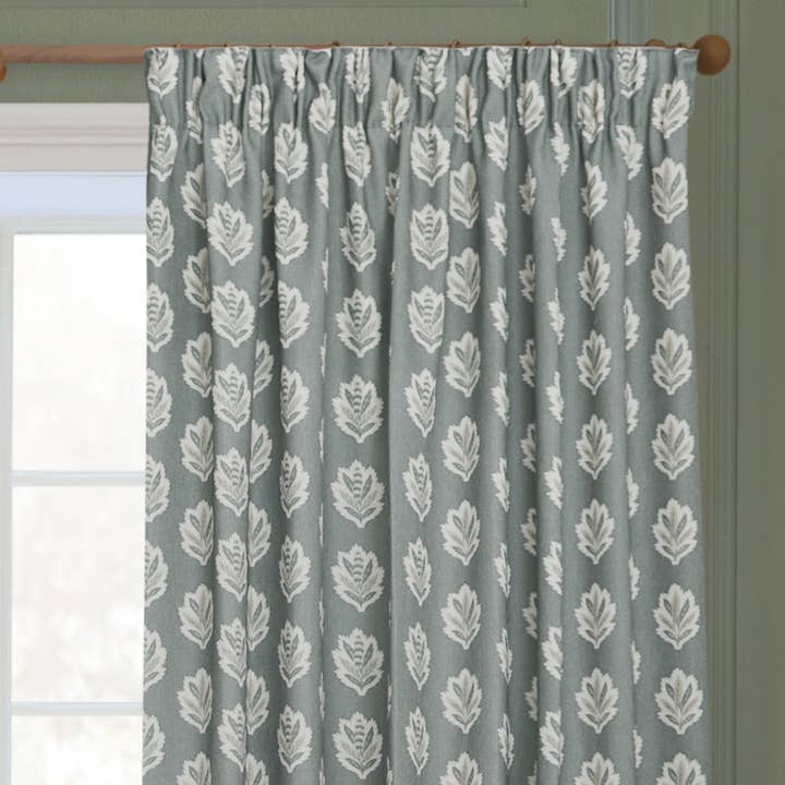 Sessile Leaf Motif Pencil Pleat Curtains Delph Blue for wholesale on Faire3