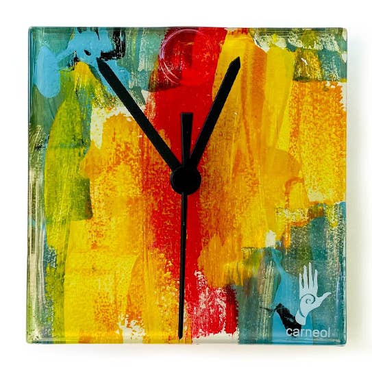 CARNEOL GLASS – Großhandel Wanduhren – Amasonas Glas-Wanduhr in Gelb und Blau, 13 x 13 cm