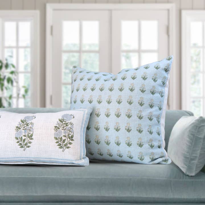 Tajik Home LLC - Vente Housse de coussin - Housse de coussin Genevieve à impression bloc bleu ciel - Fait main11