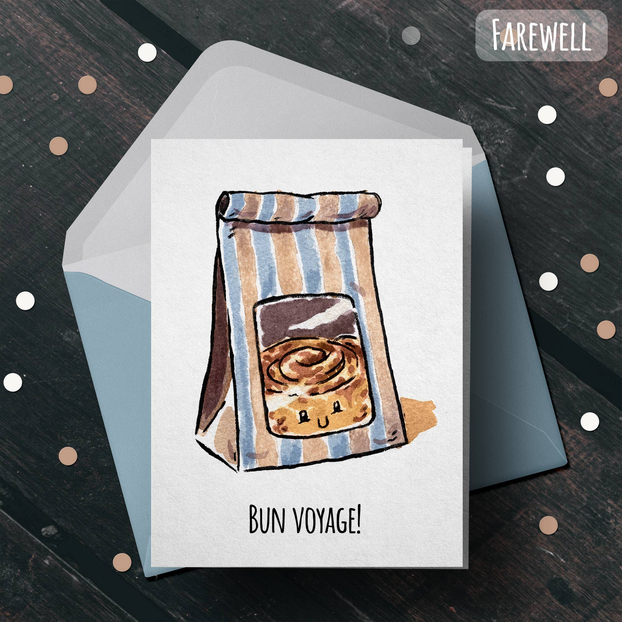 Aaron Millard Illustration – Engroshandel Hverdagshilsen kort – „Bun Voyage“ - Miss You, Bevæger sig, Pensionering, Nyt jobkort0