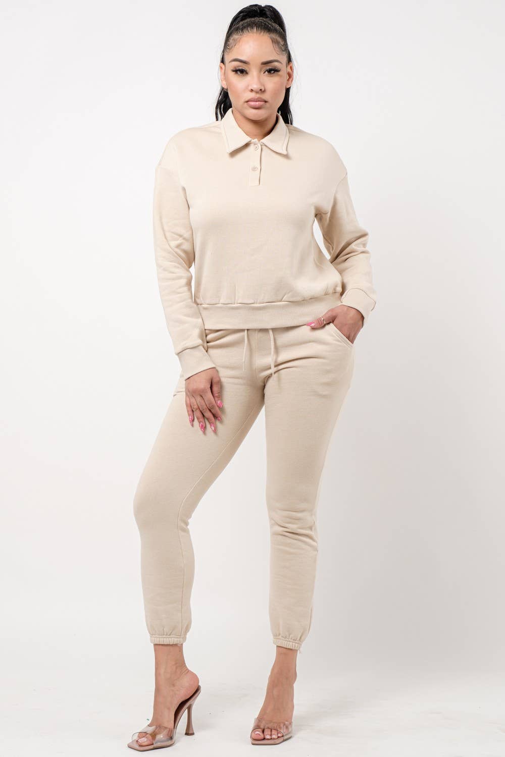 Boswell – wholesale Lounge set – Women's – Solid Jogger Set With Collar Long Sleeve Top11