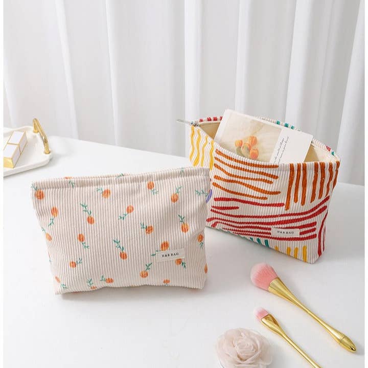 Dipped Shop - Wholesale Makeup/Cosmetic Bag - Floral Sreipe Corduroy Portable Cosmetic Bag DPB1004