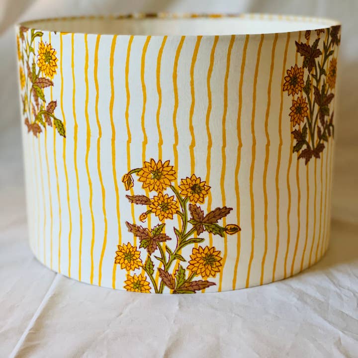 Olive and Limpet - Wholesale Lamp Shade - 10 inch Drum Lampshade. Indian Block print from Jaipur. Harvest Gold, Ginger, and Olive Floral Stripe.
