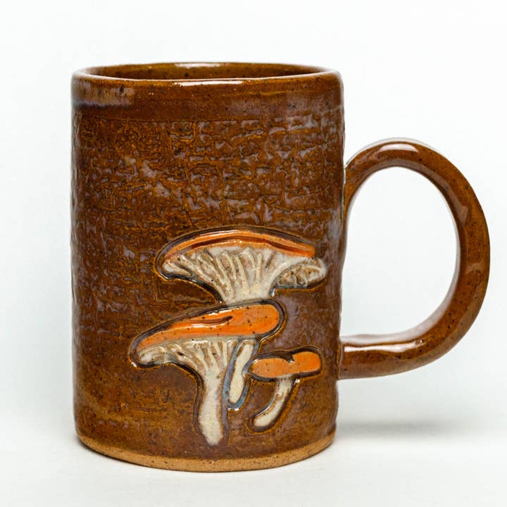 Jack-O'-Lantern Mushroom Handmade in Ohio, Ceramic 14oz Mug for wholesale by White Squirrel Clayworks