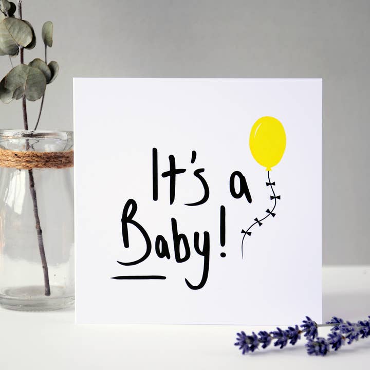 It's a Baby, Yellow Balloon Card for wholesale by Fiona Clabon Illustration