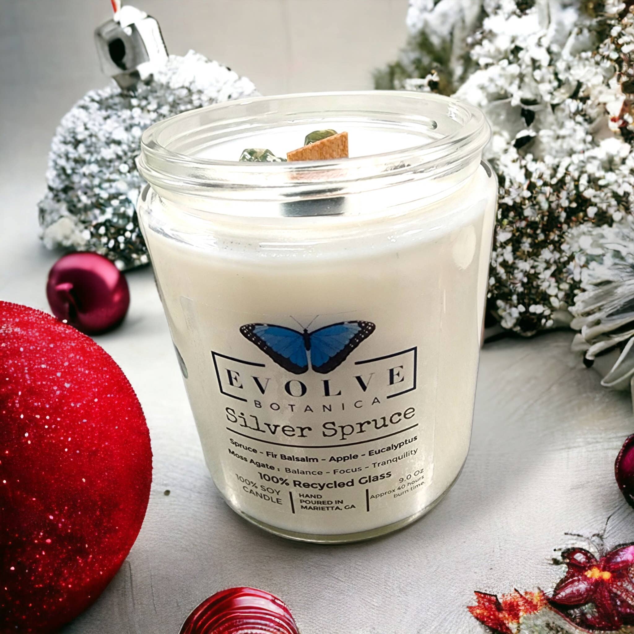 Evolve Botanica - Wholesale Jar/Filled Candle - Wood Wick Crystal Soy Candle Jar - Silver Spruce Moss Agate5