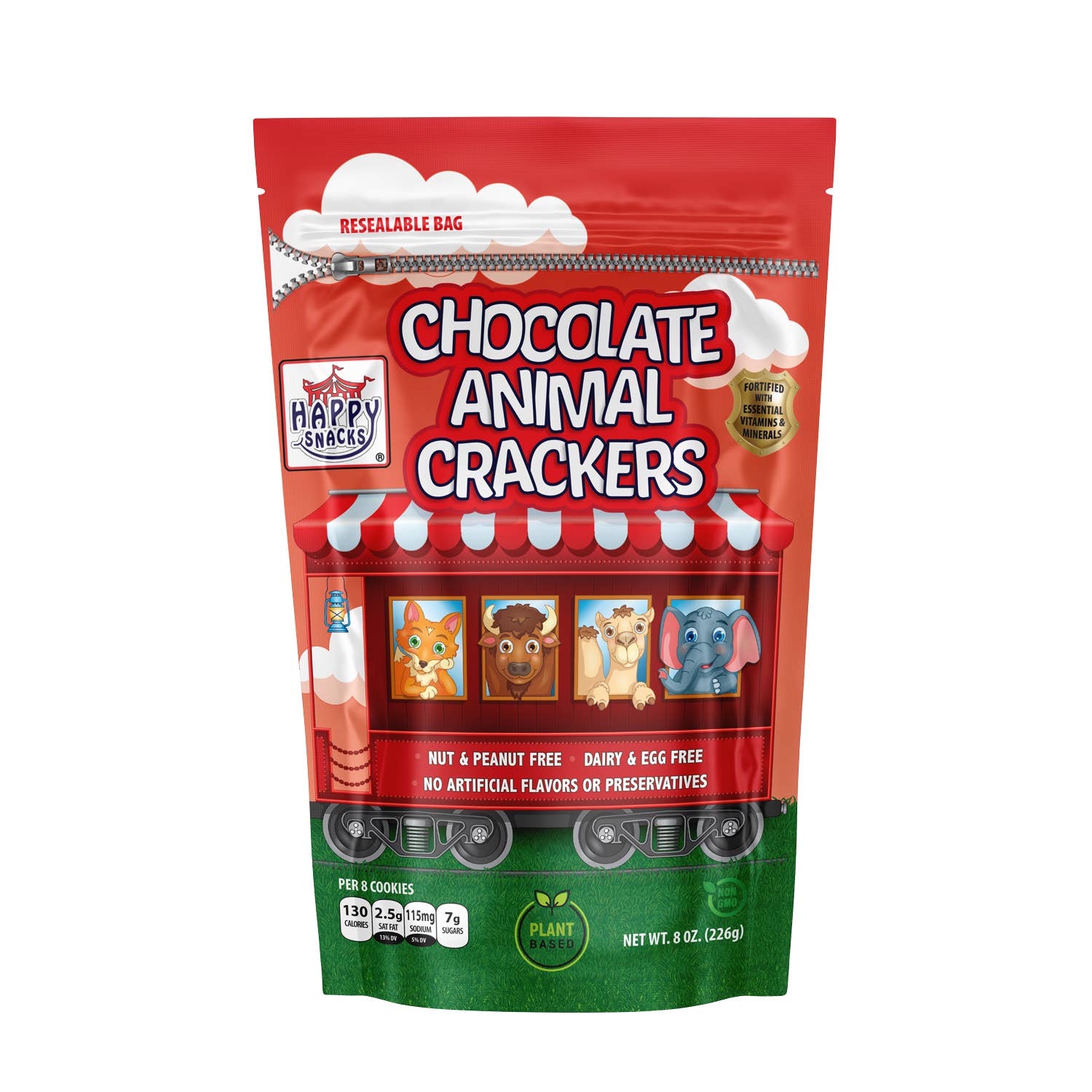 Plant Based Fortified Chocolate Animal Crackers Bag for wholesale by Happy Snacks