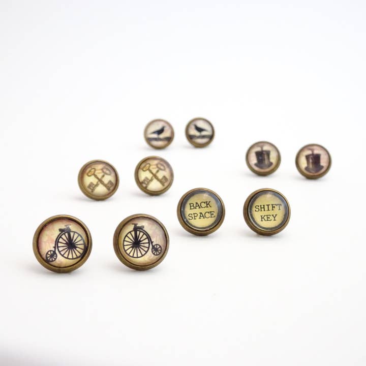 Steampunk Stud Earrings | Assorted Vintage Images | Bronze for wholesale by Accessory Alchemy