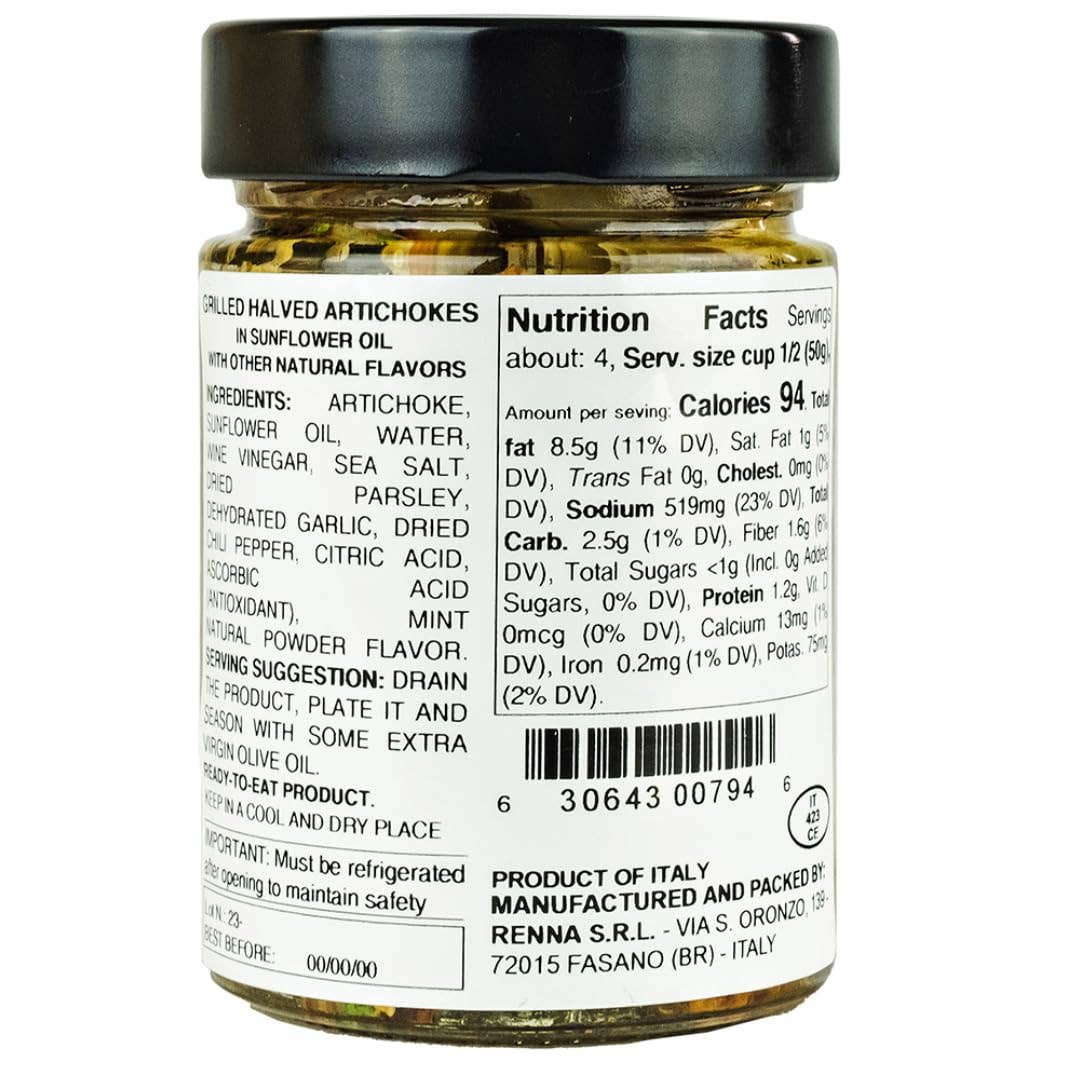 Wholesale Italian Food - Wholesale Pickled Vegetables - SALE! Renna, Grilled Roasted Halved Artichokes preserved in oil, 10.58oz1