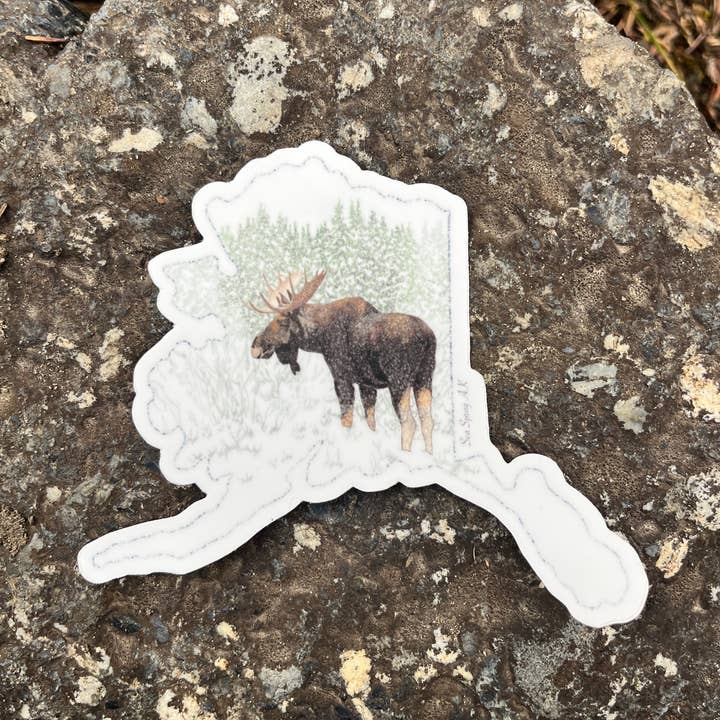 Alaska Moose Vinyl Sticker, Alaska State Map, Wildlife Art for wholesale by Sea Spray AK