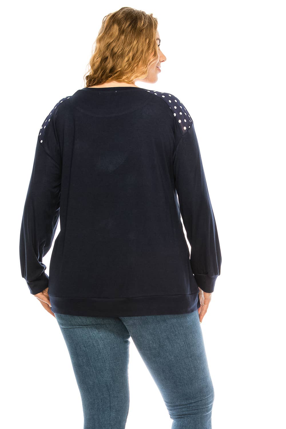 Navy Polka Dots Plus Size Leopard Print Contrast Long Sleeve Knit Blouse for wholesale on Faire3
