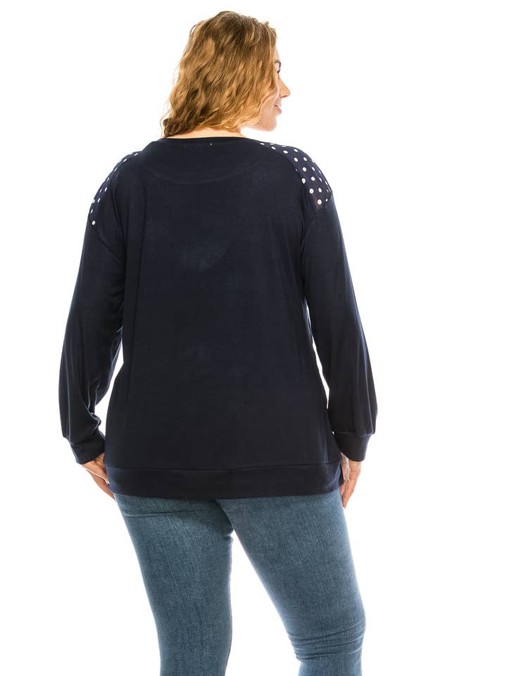 Navy Polka Dots Plus Size Leopard Print Contrast Long Sleeve Knit Blouse for wholesale on Faire3